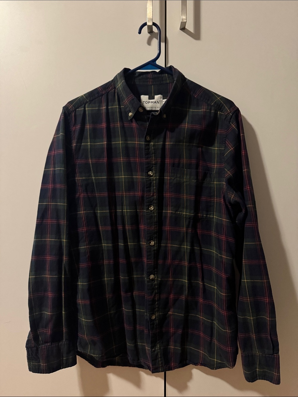 Topman Dark Green Plaid Button-Down Shirt with Red Accents